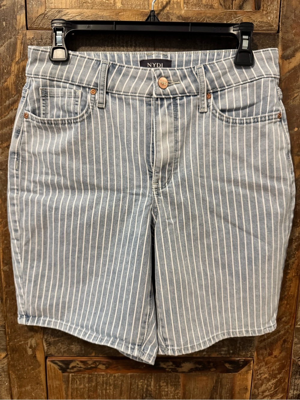 NYDJ Light Blue and White Pinstriped Denim Bermudas